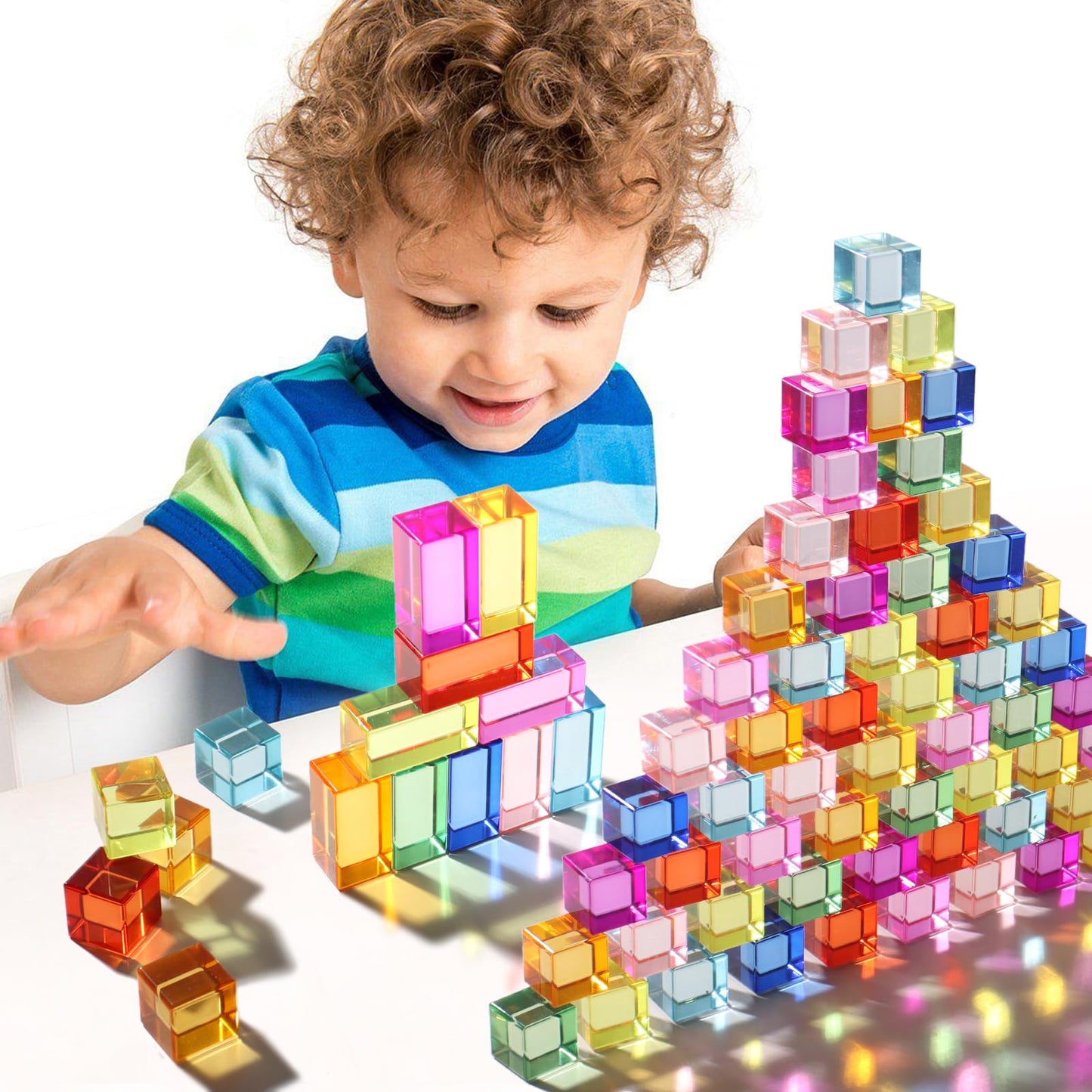 Dinhon 30 Pcs Mixed Acrylic Blocks Set – 10 Long + 20 Cube Rainbow Blocks for Toddlers 1-4