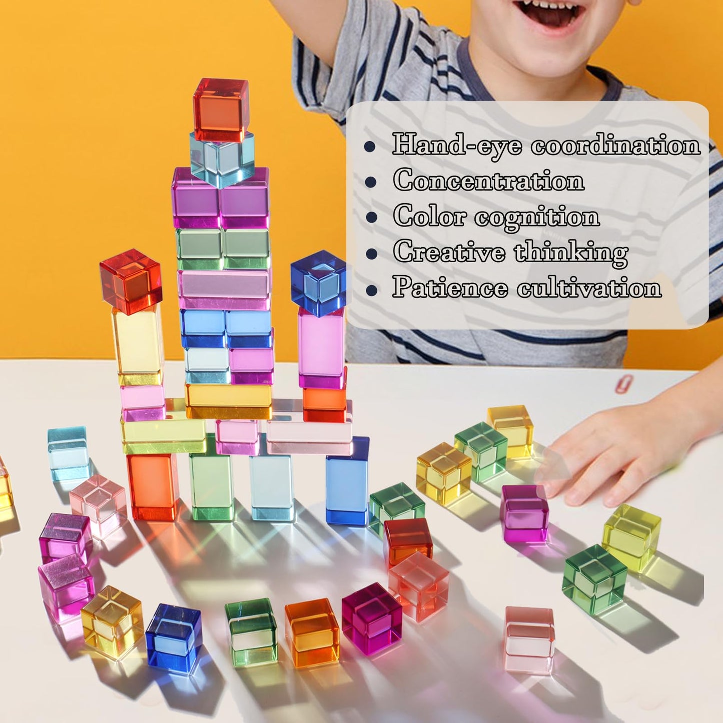 Dinhon 30 Pcs Mixed Acrylic Blocks Set – 10 Long + 20 Cube Rainbow Blocks for Toddlers 1-4