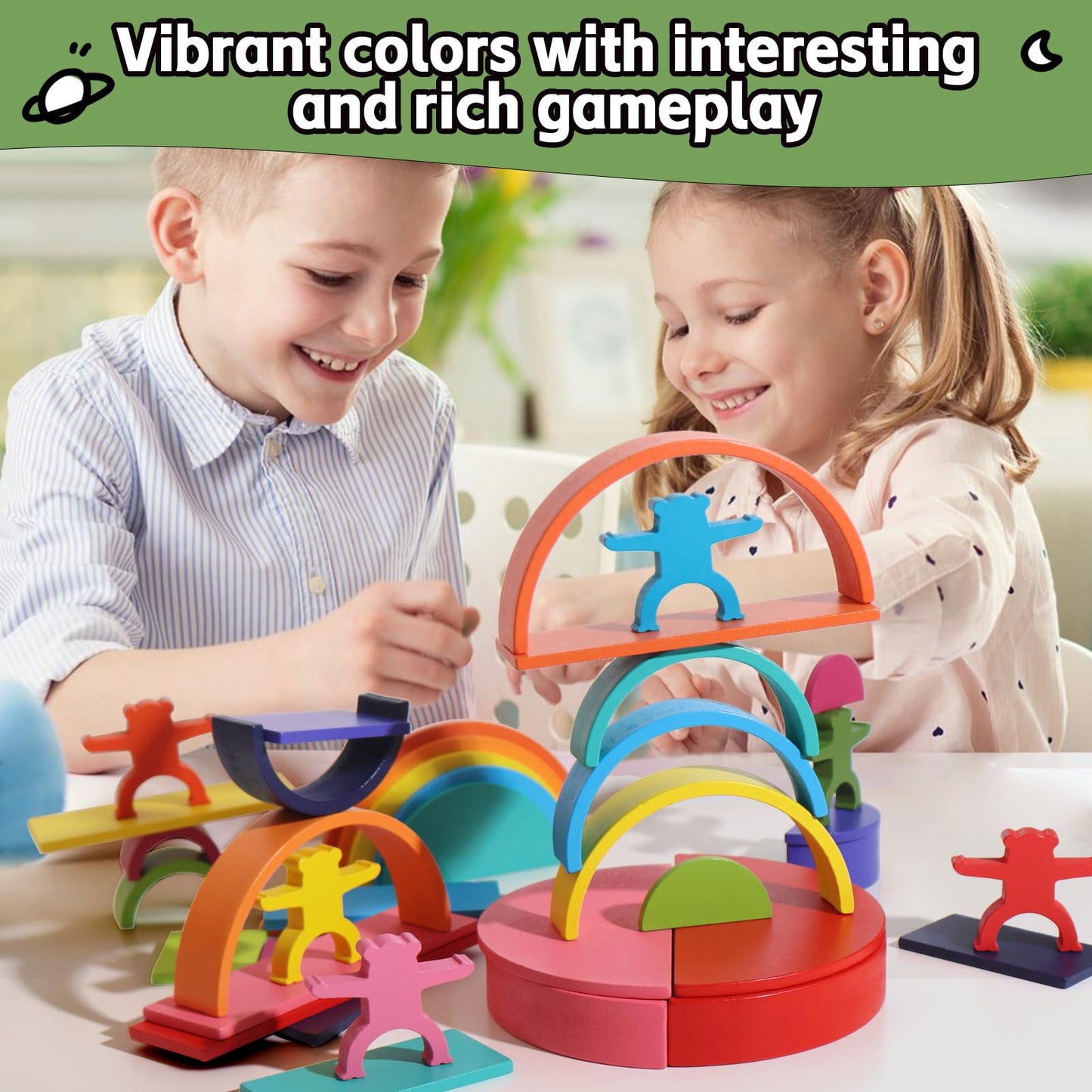 Dinhon 40-Piece Wooden Rainbow Stack Set – Montessori-Style Blocks for Toddlers 1-4+