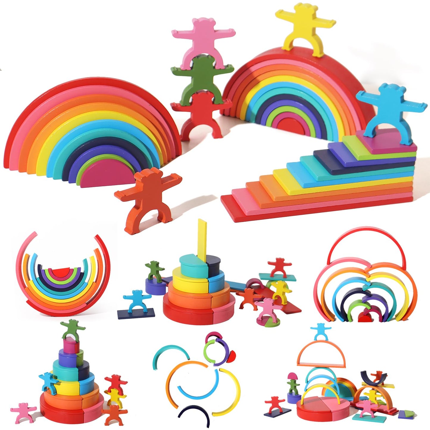Dinhon 40-Piece Wooden Rainbow Stack Set – Montessori-Style Blocks for Toddlers 1-4+
