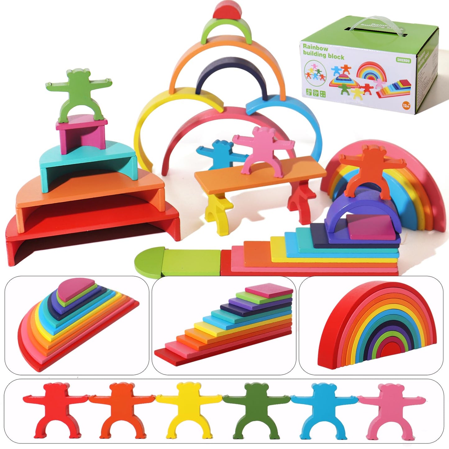 Dinhon 40-Piece Wooden Rainbow Stack Set – Montessori-Style Blocks for Toddlers 1-4+