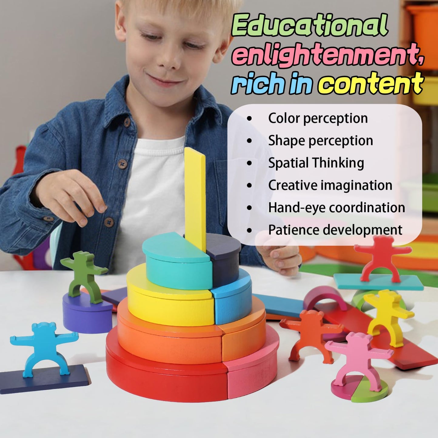 Dinhon 40-Piece Wooden Rainbow Stack Set – Montessori-Style Blocks for Toddlers 1-4+