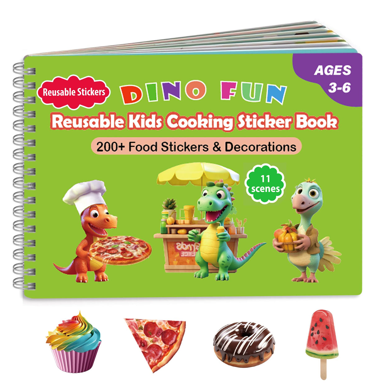 Dino Fun Cooking Sticker Book - 200+ Removable Stickers & 11 Kitchen Scenes for Kids Aged 3-6