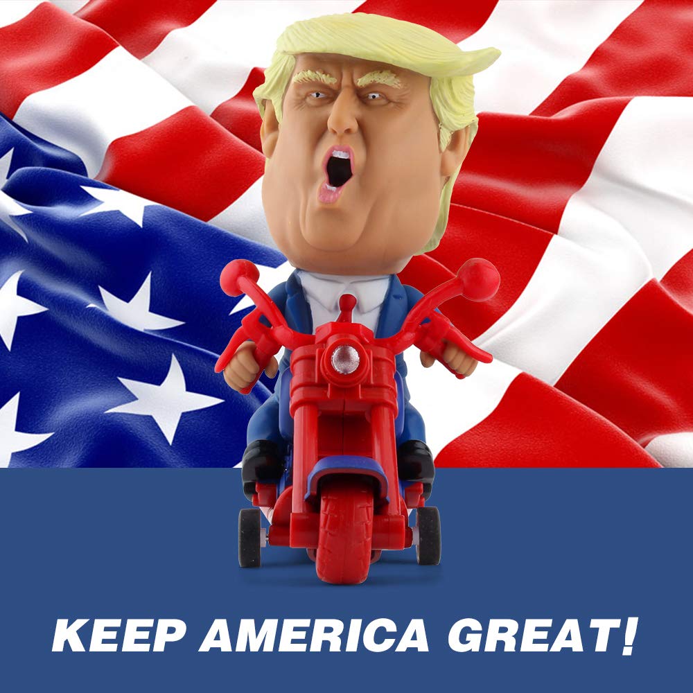 DINOBROS President Donald Trump 2024 Toy Figure on Friction-Powered Motorcycle | Gag Gift for Trump Fans