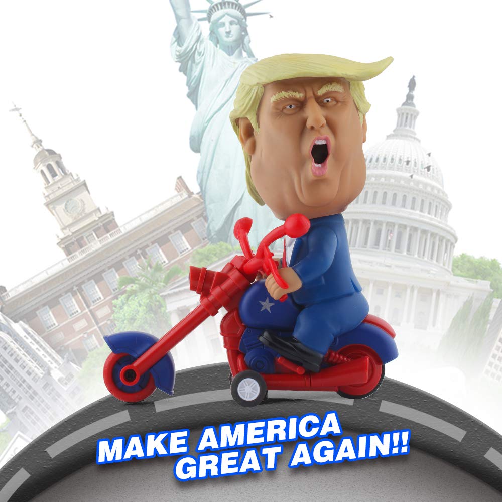 DINOBROS President Donald Trump 2024 Toy Figure on Friction-Powered Motorcycle | Gag Gift for Trump Fans