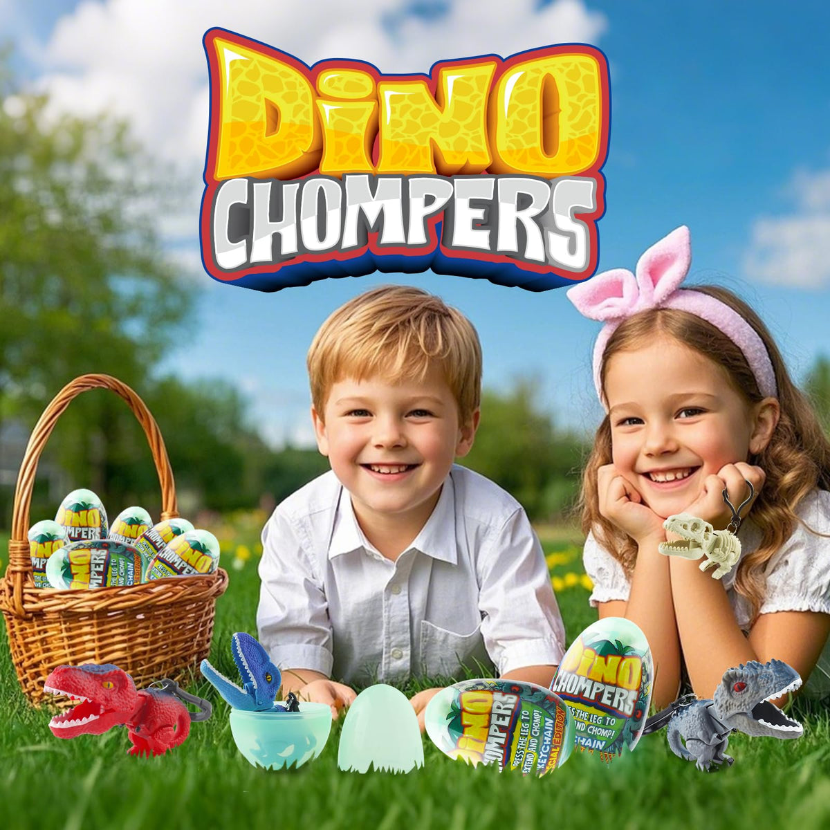 DINOBROS Easter Egg with Dinosaur Toys – 4 Surprise Eggs, 3.15-Inch Dino Chomper Figures, Party Favors