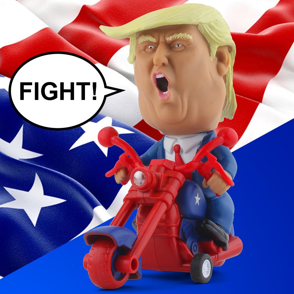 DINOBROS President Donald Trump 2024 Toy Figure on Friction-Powered Motorcycle | Gag Gift for Trump Fans