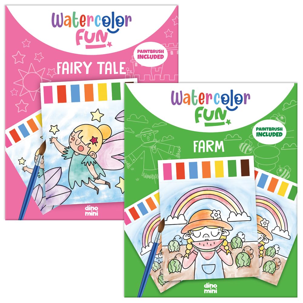 DINO MINI Watercolor Fun Value Pack | 2 Paint with Water Kits for Toddlers & Kids Aged 4-8 | Travel Activities | Screen-Free Gift (Farm & Fairy Tale)