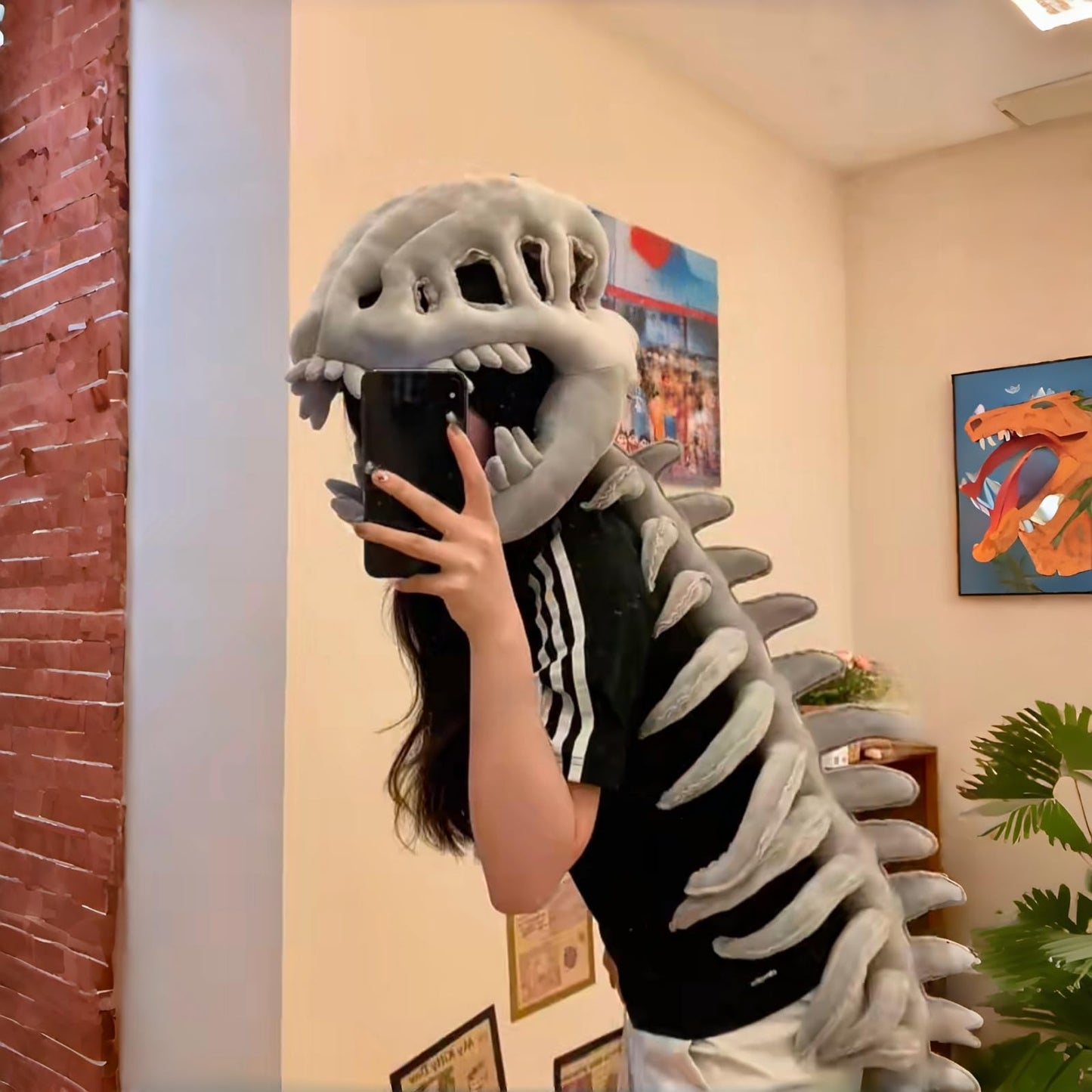 Dinosaur Skeleton Plush Costume – 3D Spinosaurus with Skull Headpiece & Spine (29.5in)