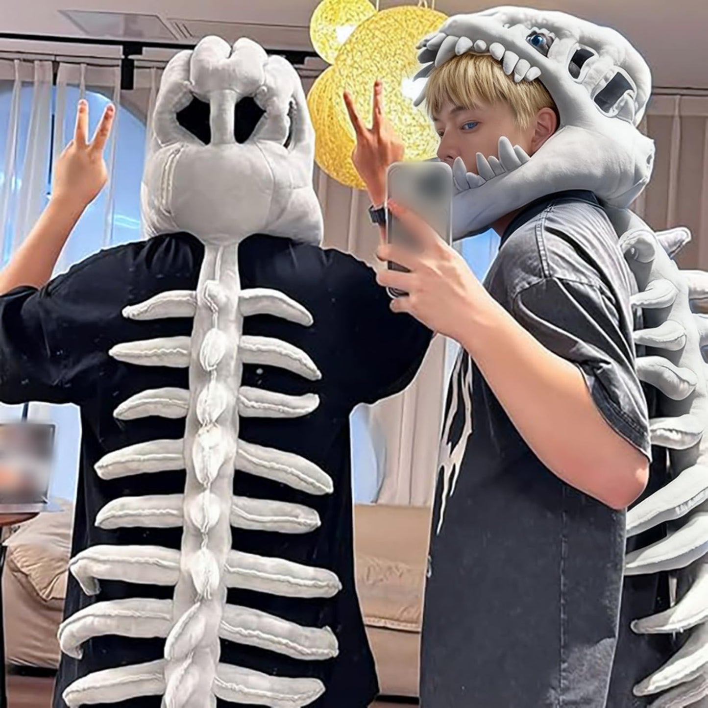 Dinosaur Skeleton Plush Costume – 3D Spinosaurus with Skull Headpiece & Spine (29.5in)