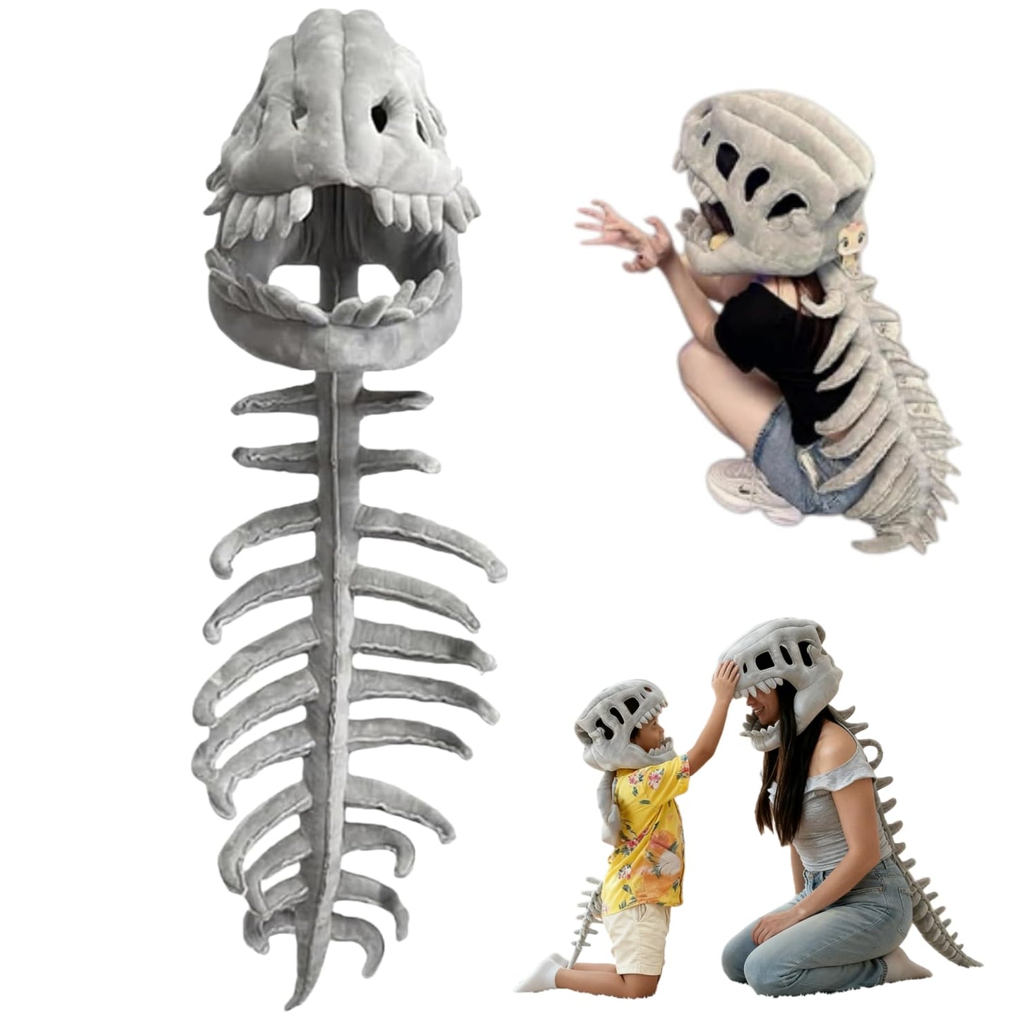 Dinosaur Skeleton Plush Costume – 3D Spinosaurus with Skull Headpiece & Spine (29.5in)