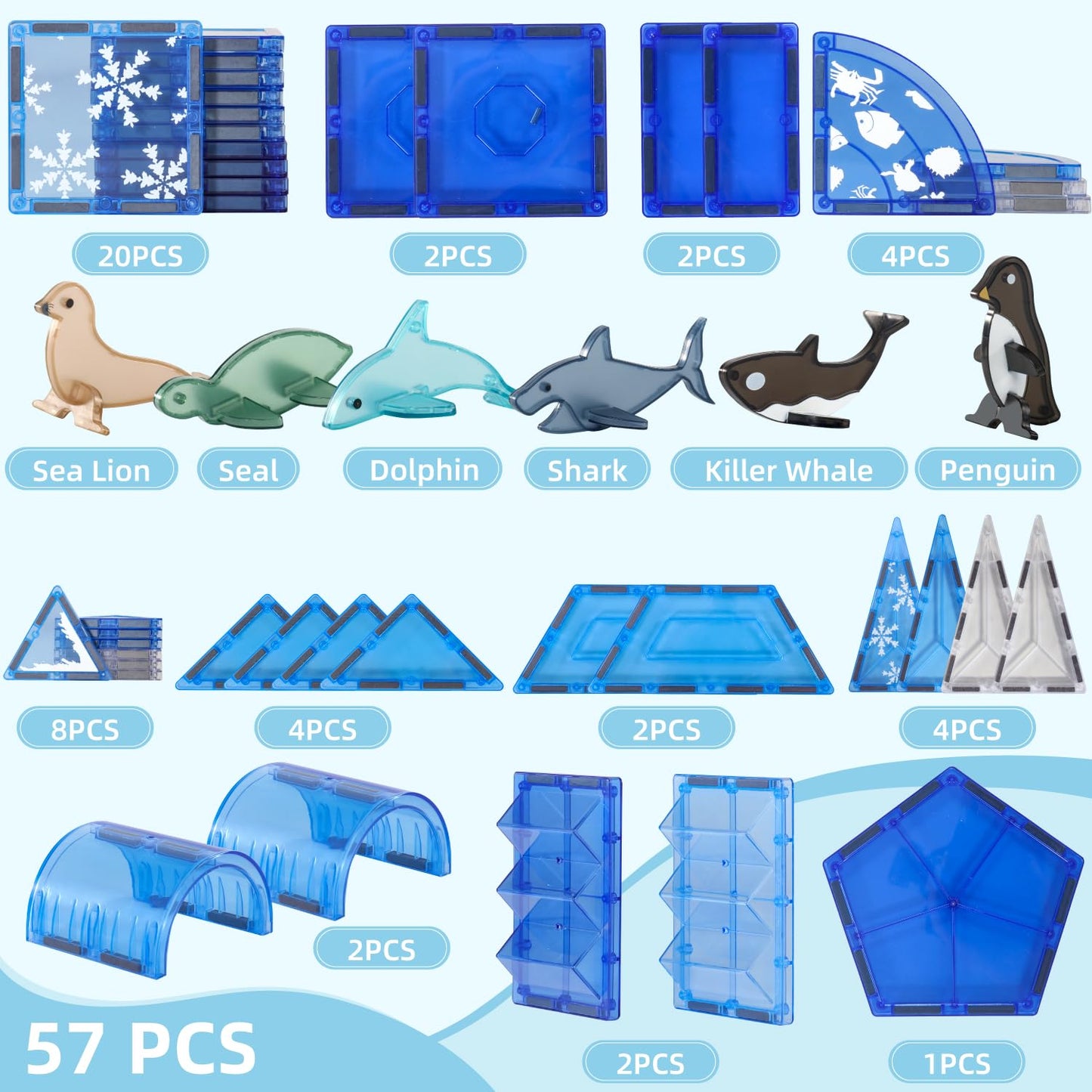 Diophso Arctic Animals Magnetic Tiles – 6 Sea Creatures for Kids Aged 4-8