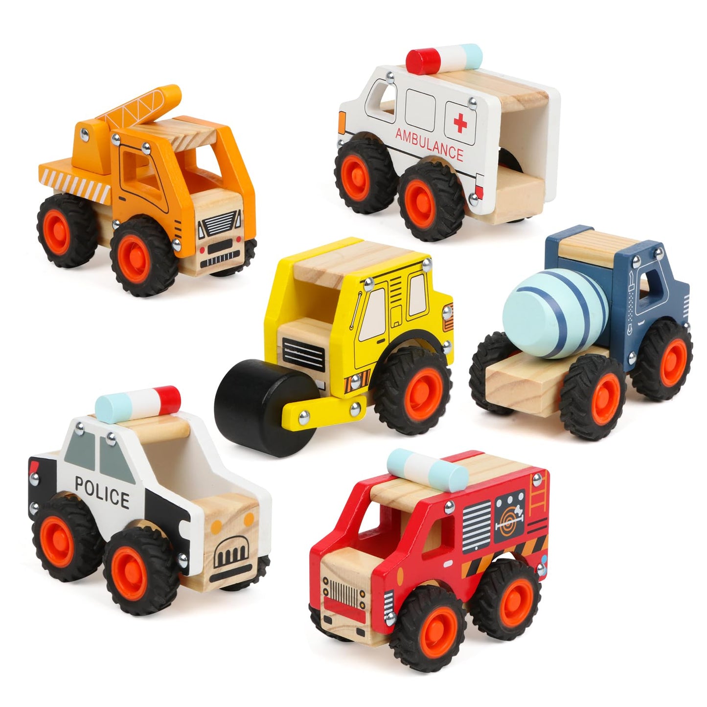 DIPALENT 6-Pcs Wooden Cars for Toddlers 1-3 | Push & Go Montessori Vehicle Toys