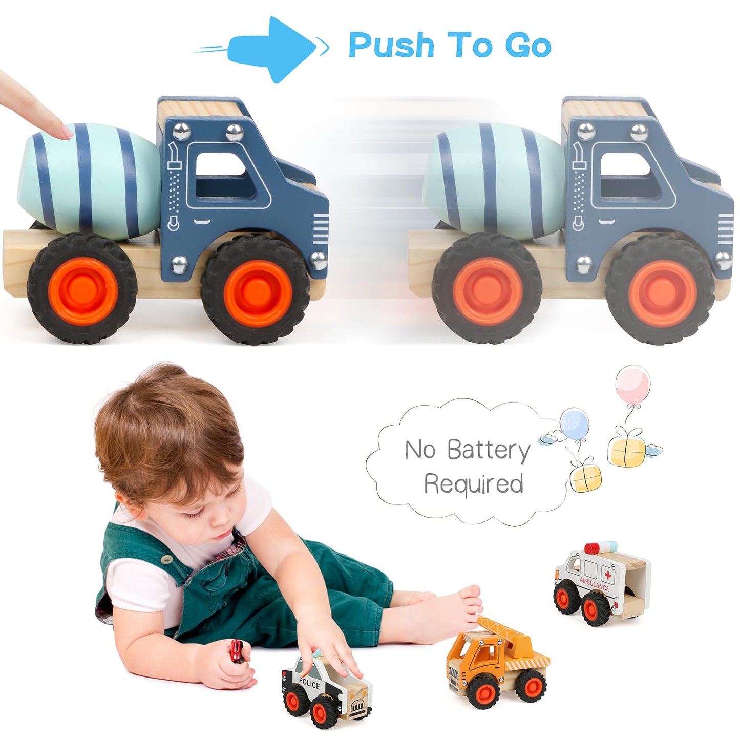 DIPALENT 6-Pcs Wooden Cars for Toddlers 1-3 | Push & Go Montessori Vehicle Toys
