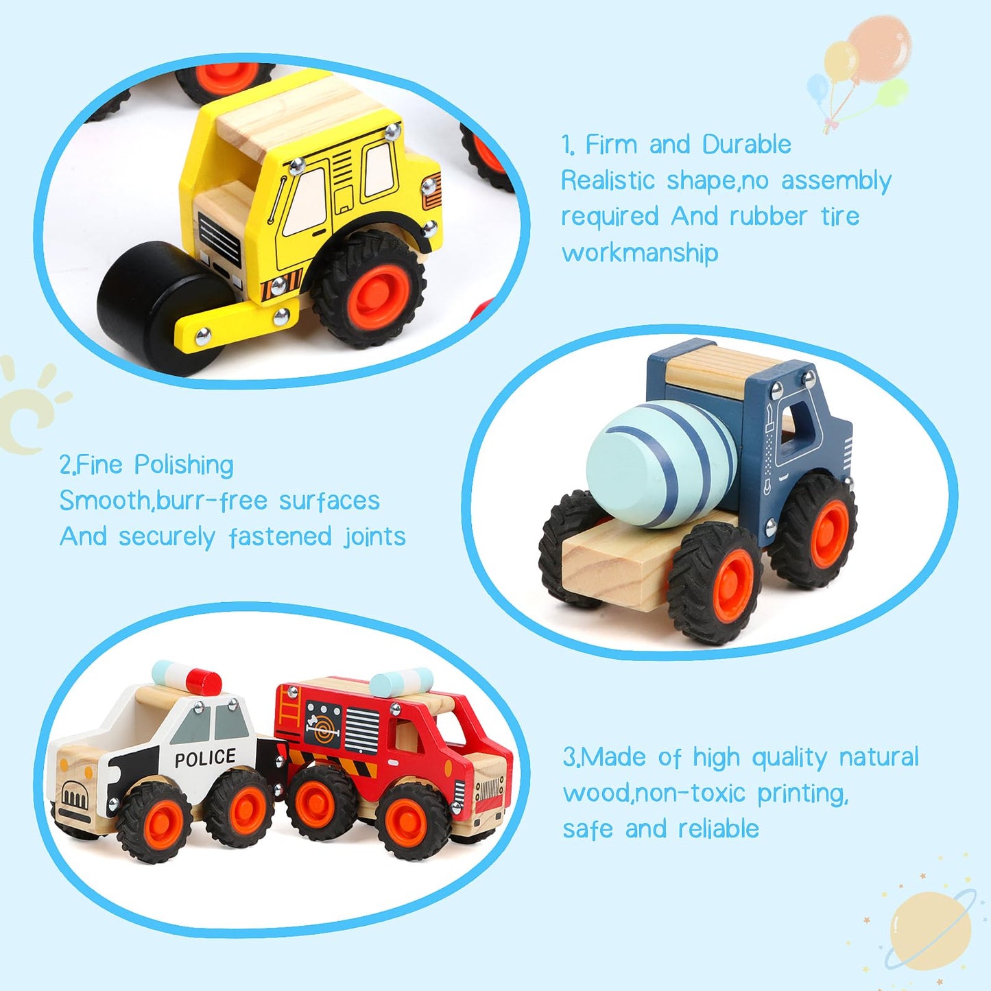 DIPALENT 6-Pcs Wooden Cars for Toddlers 1-3 | Push & Go Montessori Vehicle Toys