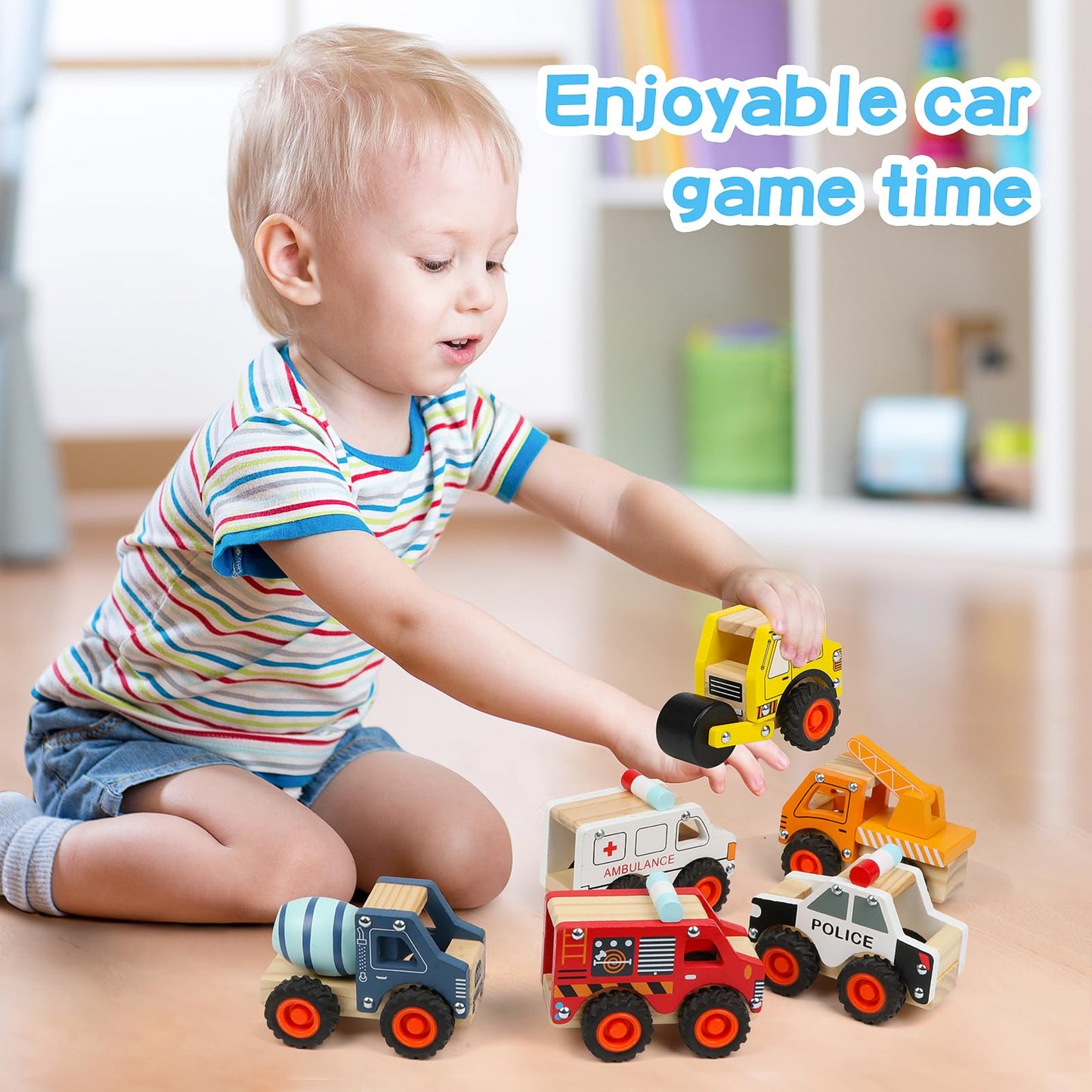 DIPALENT 6-Pcs Wooden Cars for Toddlers 1-3 | Push & Go Montessori Vehicle Toys
