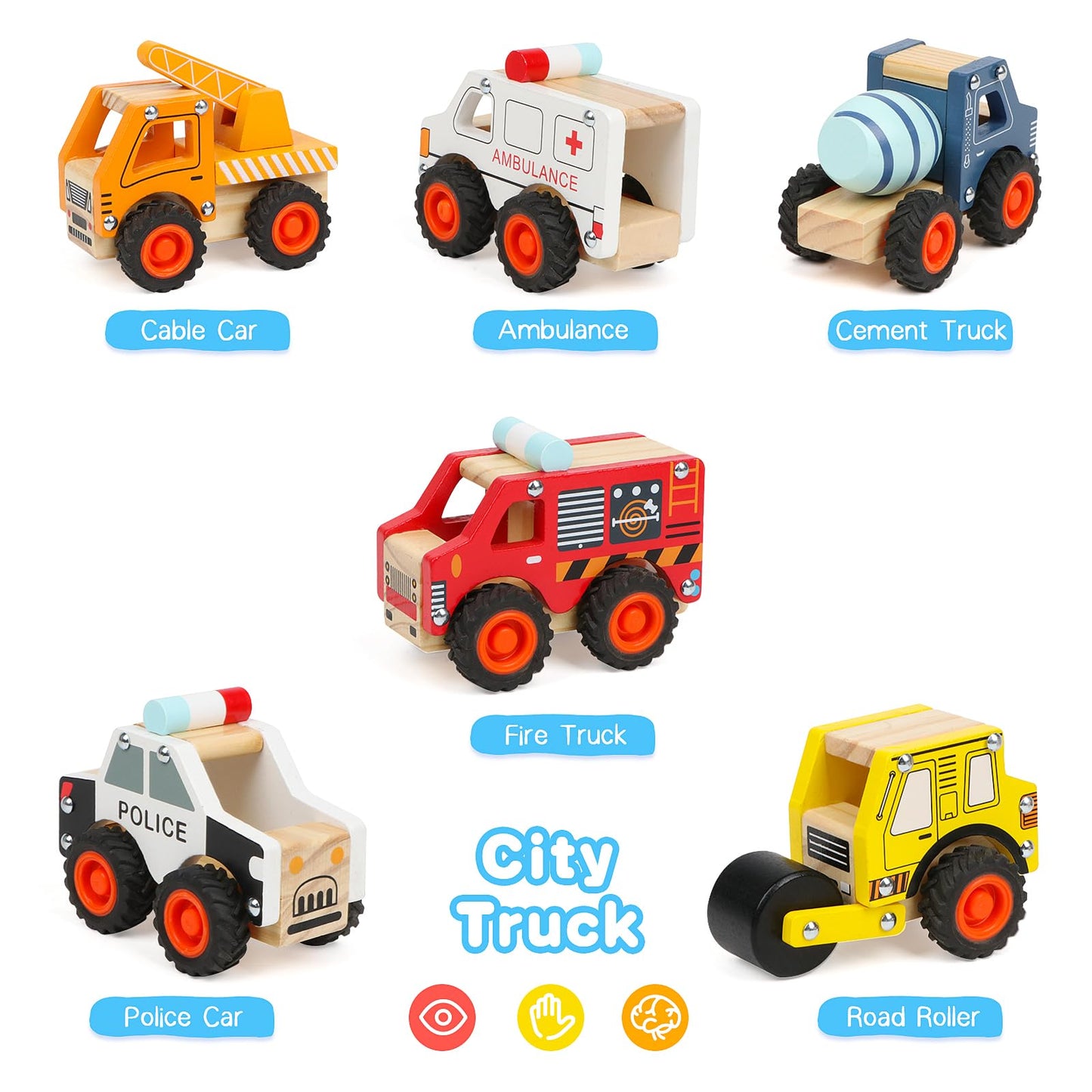 DIPALENT 6-Pcs Wooden Cars for Toddlers 1-3 | Push & Go Montessori Vehicle Toys
