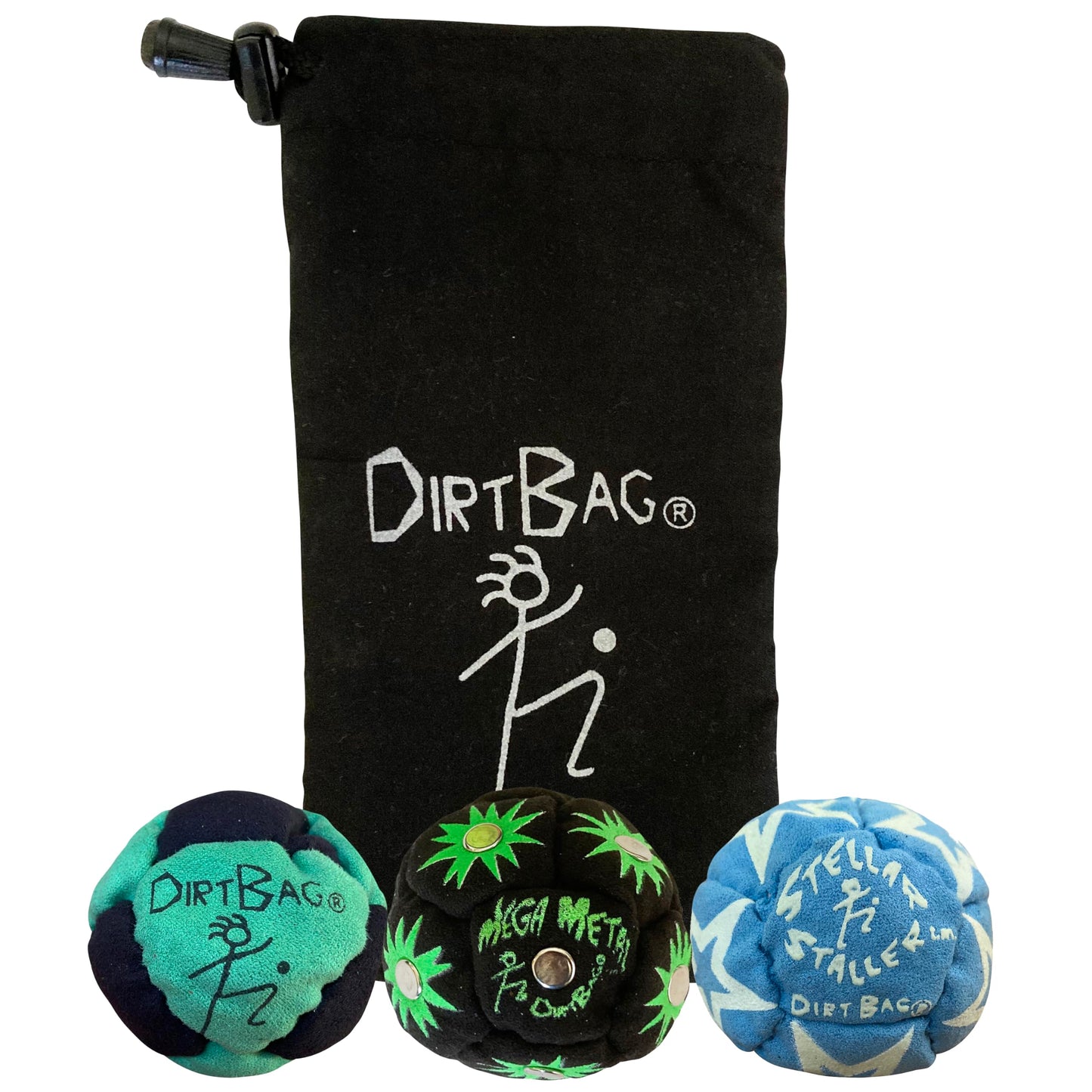 DIRTBAG All Star Footbag 3-Pack with Pouch — Handmade, Premium Quality, Green/Black