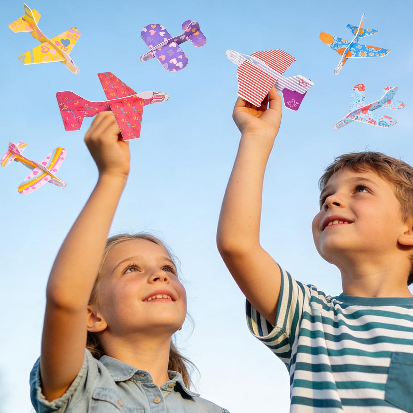 DIRMXRY Valentines Day Gifts for Kids – 28 Flying Foam Airplanes & Greeting Cards