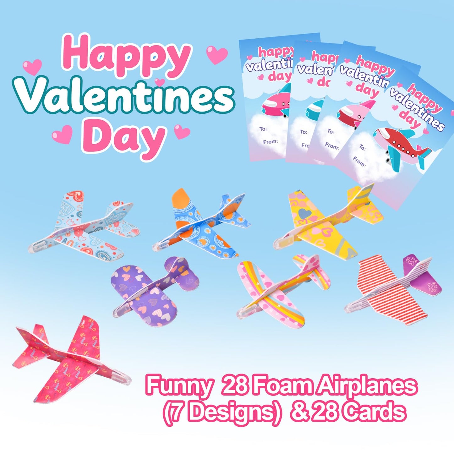 DIRMXRY Valentines Day Gifts for Kids – 28 Flying Foam Airplanes & Greeting Cards