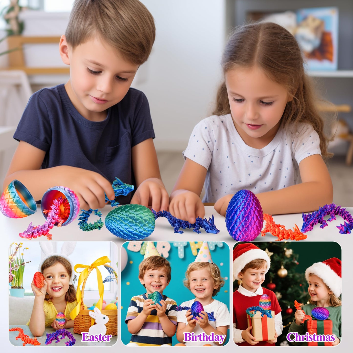 DIRMXRY 3D Printed Dragon Eggs Toys – 4pc Crystal Dragons for Kids 8-13, Easter & Christmas Gift Set
