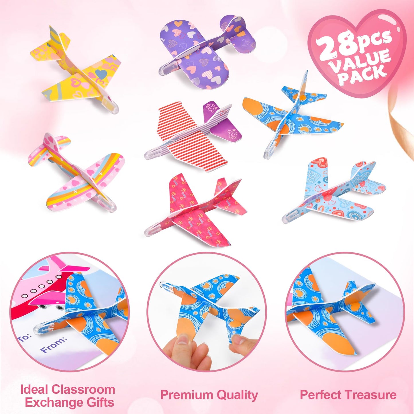 DIRMXRY Valentines Day Gifts for Kids – 28 Flying Foam Airplanes & Greeting Cards