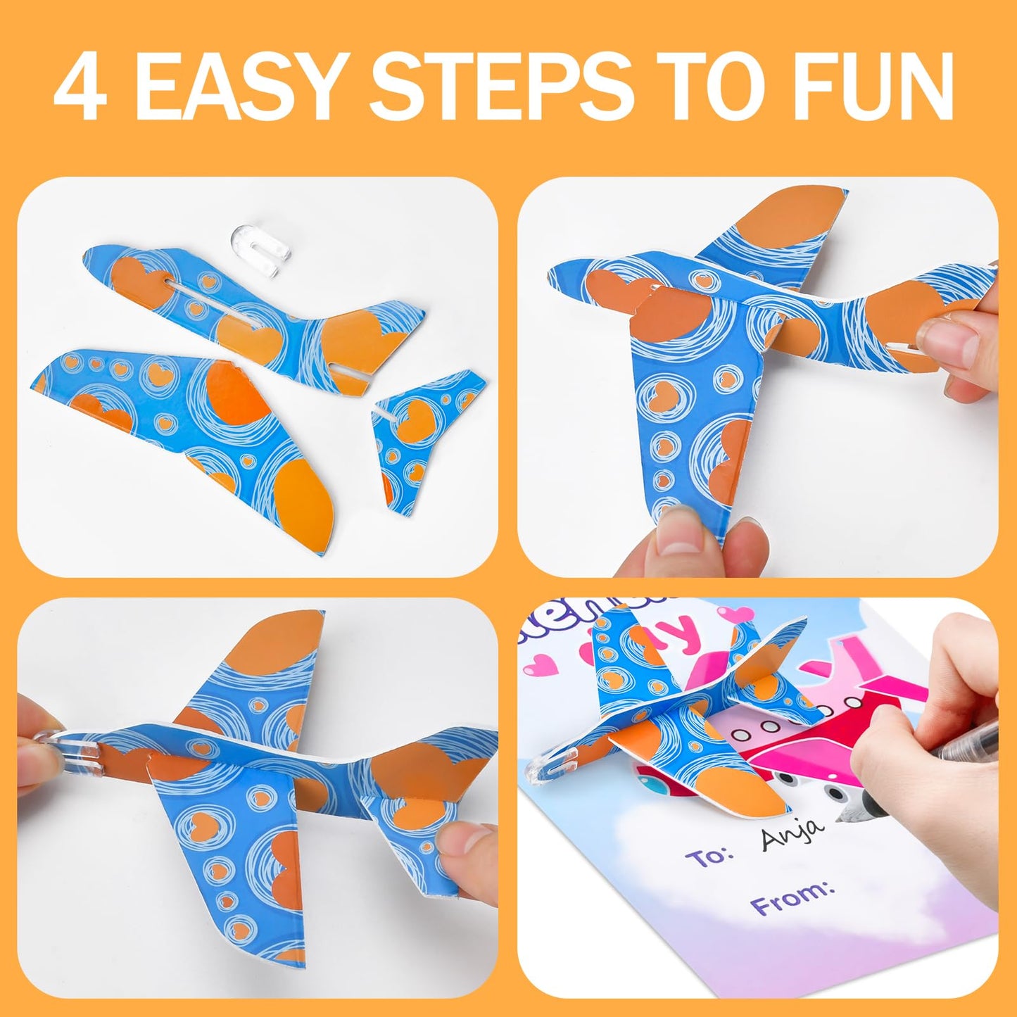 DIRMXRY Valentines Day Gifts for Kids – 28 Flying Foam Airplanes & Greeting Cards