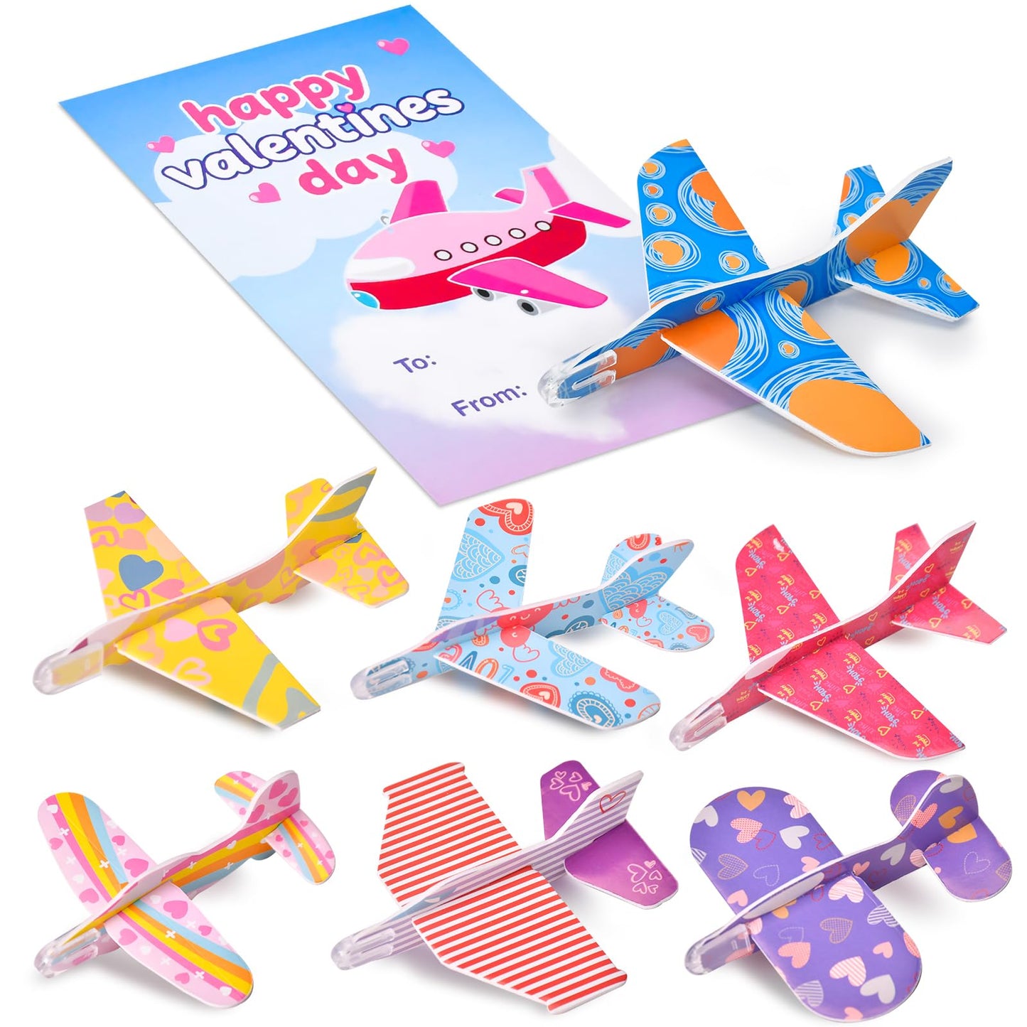 DIRMXRY Valentines Day Gifts for Kids – 28 Flying Foam Airplanes & Greeting Cards