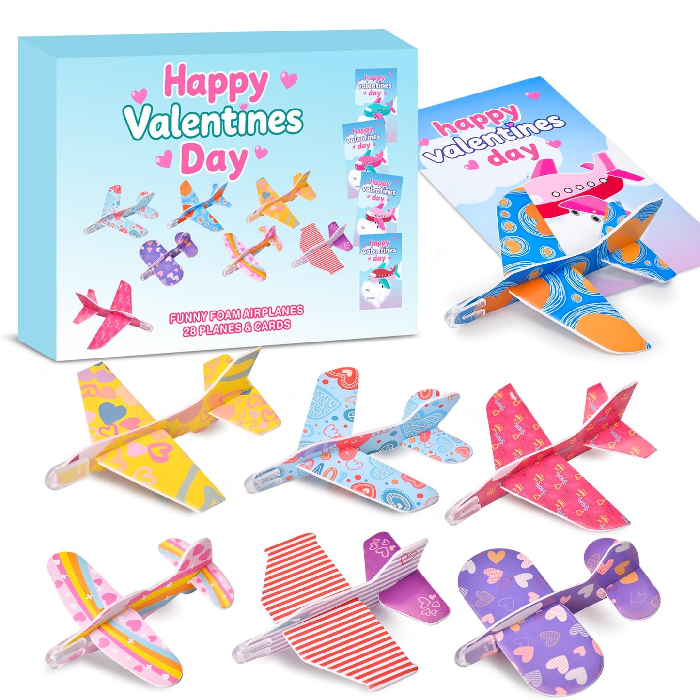 DIRMXRY Valentines Day Gifts for Kids – 28 Flying Foam Airplanes & Greeting Cards