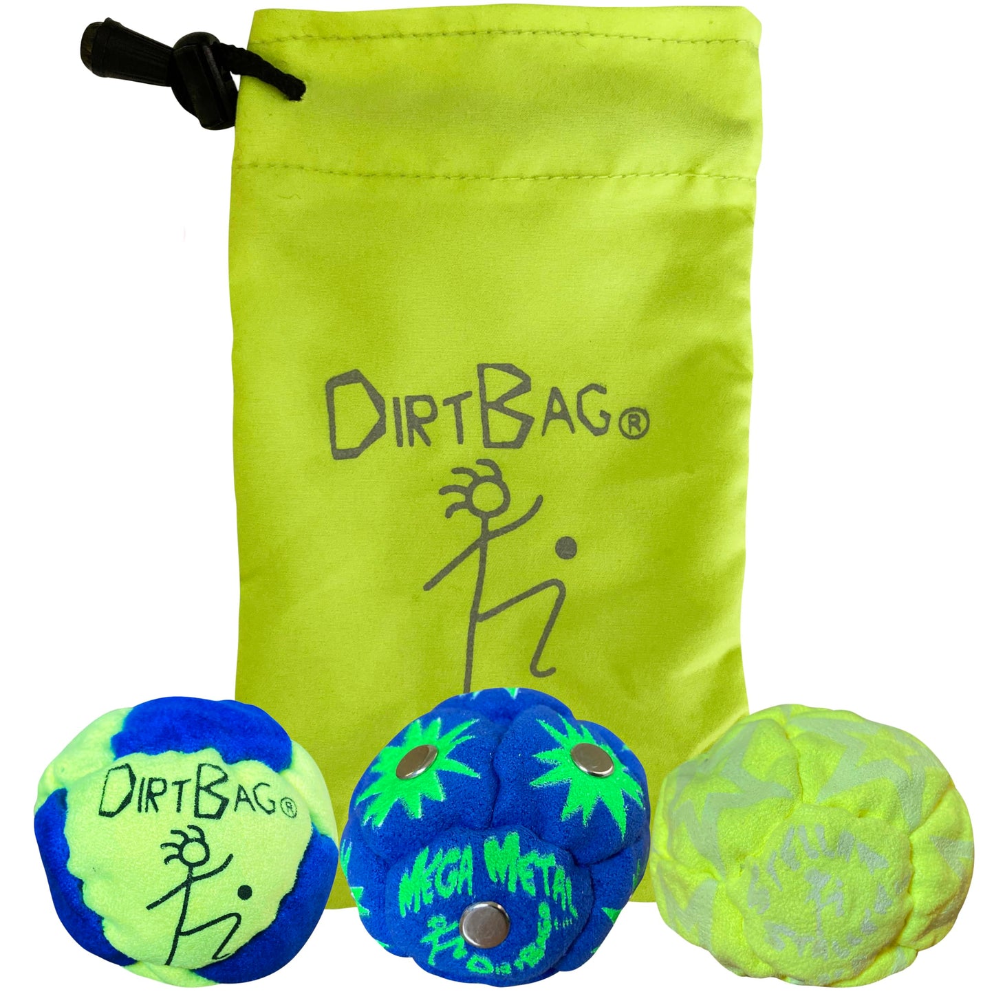DIRTBAG All Star Footbag 3 Pack with Pouch — Handmade, Premium Quality, Fluorescent Yellow/Blue