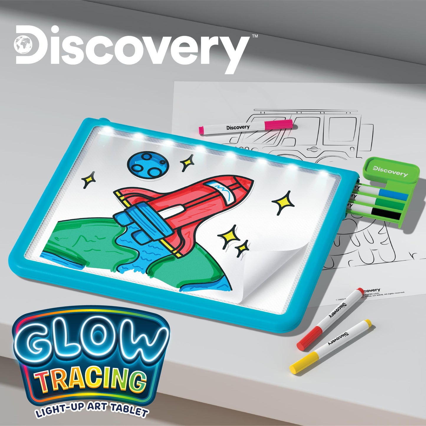 Discovery Glow Tracing Light-Up Art Tablet – 10 Templates, 10 Blank Sheets, 6 Washable Markers