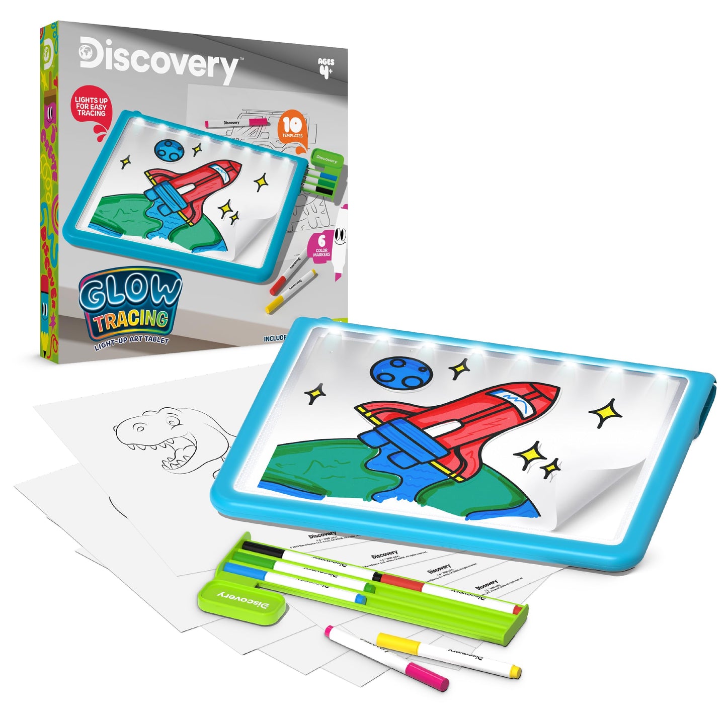 Discovery Glow Tracing Light-Up Art Tablet – 10 Templates, 10 Blank Sheets, 6 Washable Markers