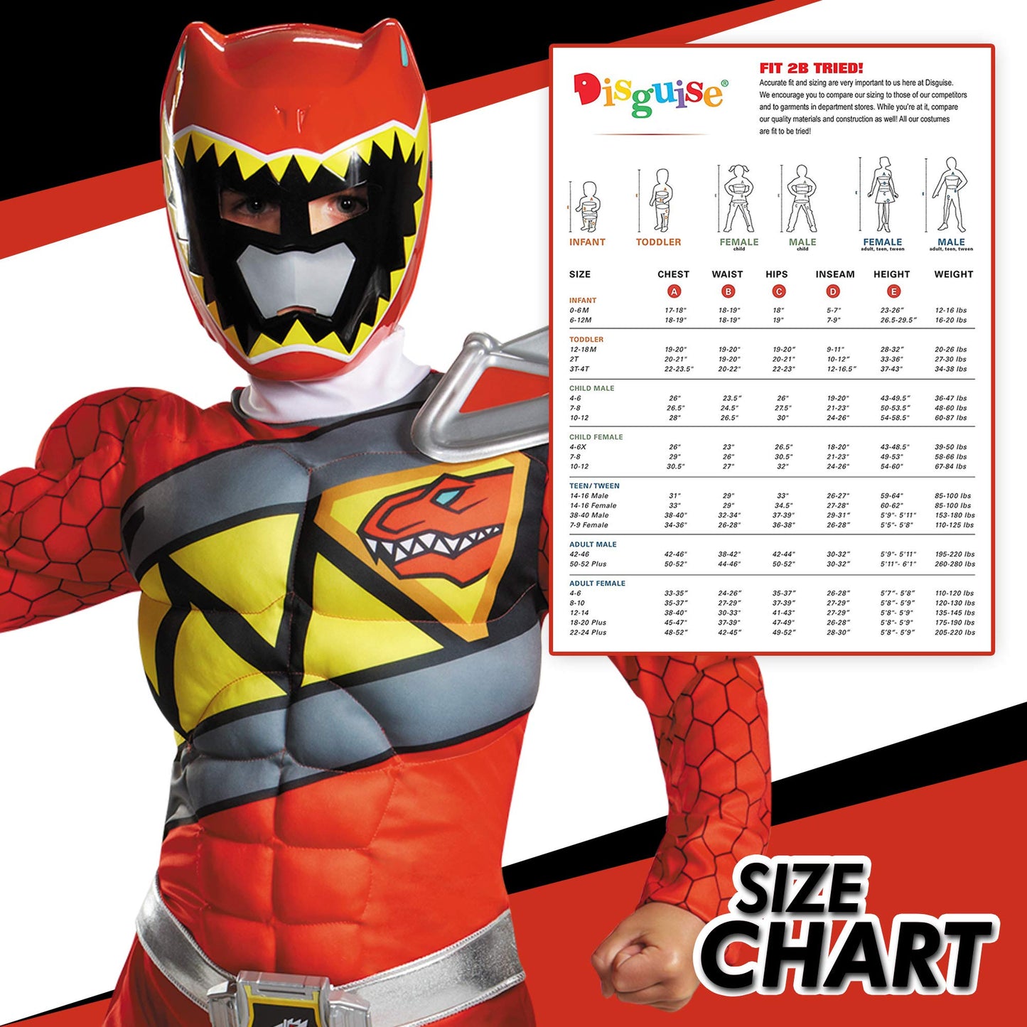 Disguise Red Power Rangers Costume for Kids – Licensed Dino Charge Red Ranger Muscle Suit with Mask (Medium 7-8)