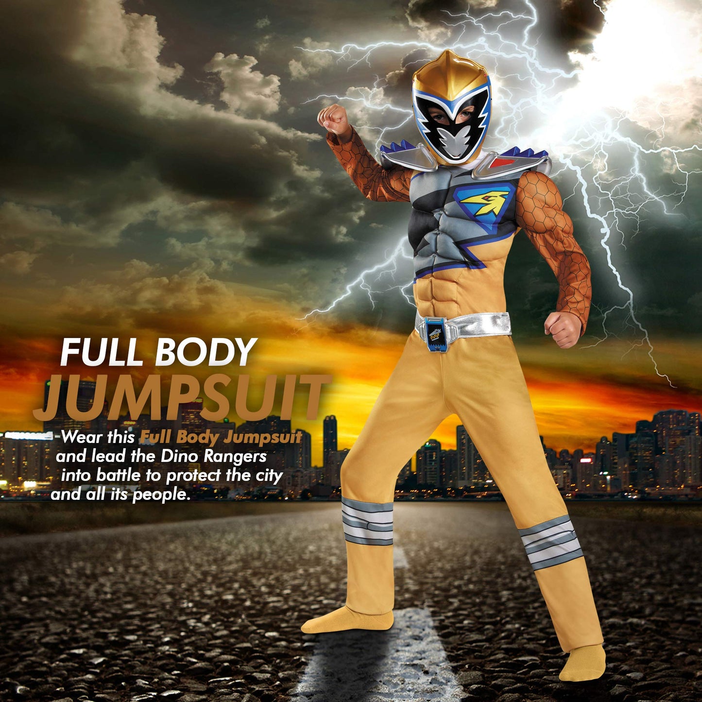 Disguise Gold Power Rangers Dino Charge Classic Muscle Costume – Small (4-6) with Mask