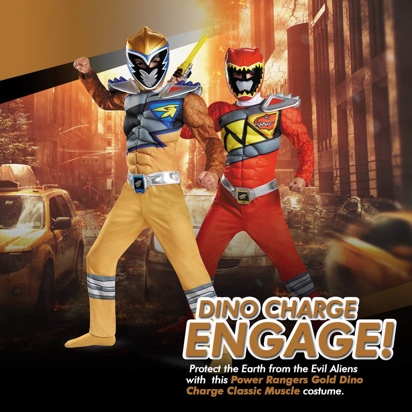 Disguise Gold Power Rangers Dino Charge Classic Muscle Costume – Small (4-6) with Mask