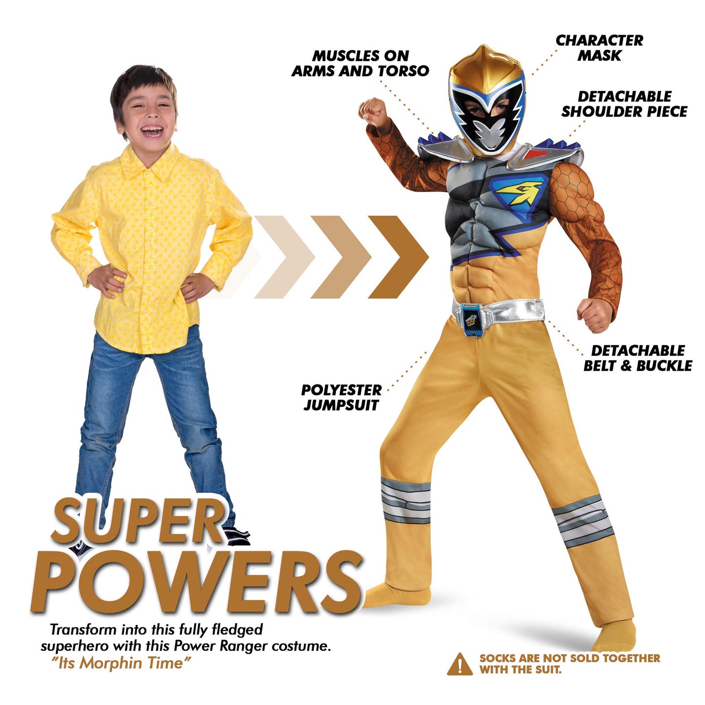 Disguise Gold Power Rangers Dino Charge Classic Muscle Costume – Small (4-6) with Mask