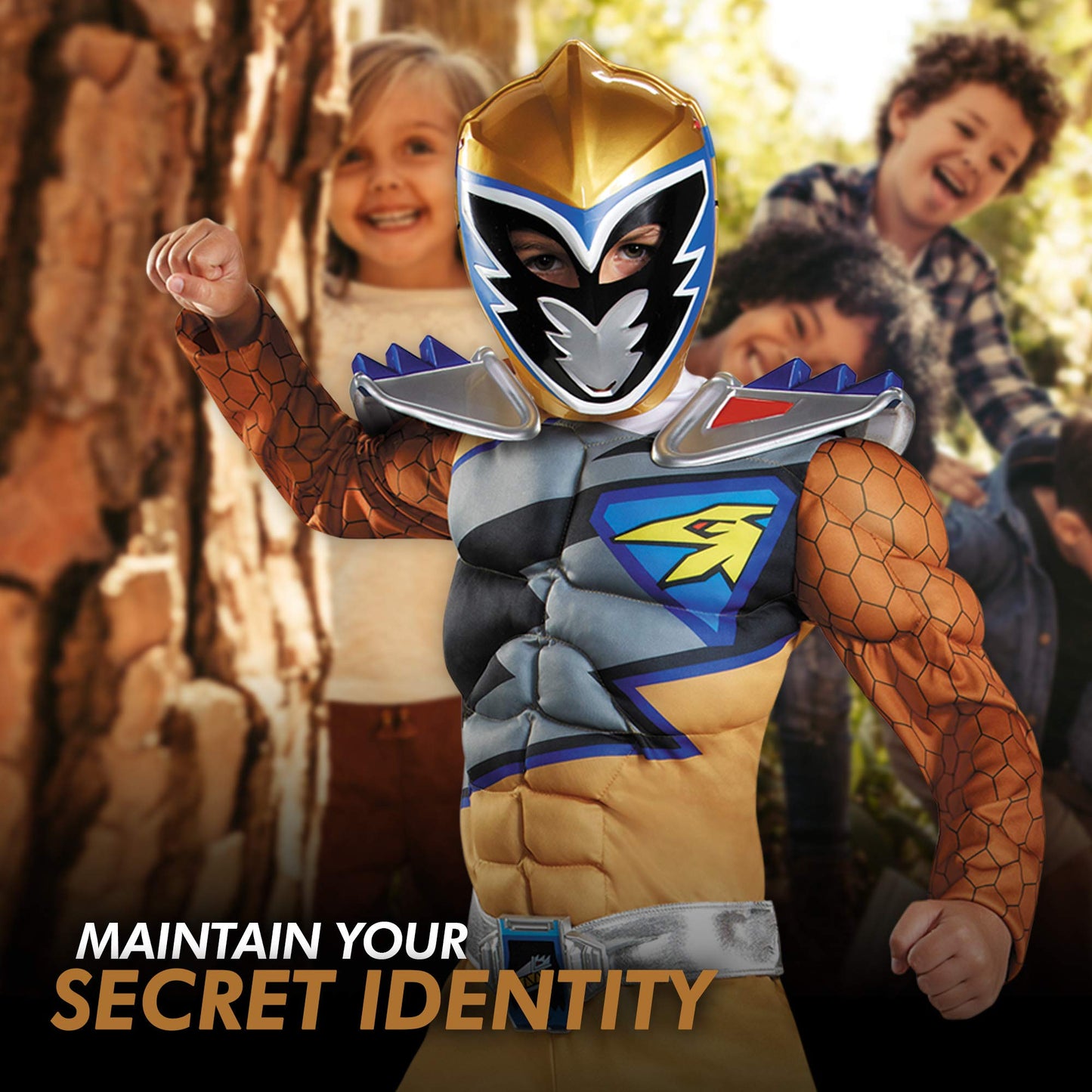 Disguise Gold Power Rangers Dino Charge Classic Muscle Costume – Small (4-6) with Mask