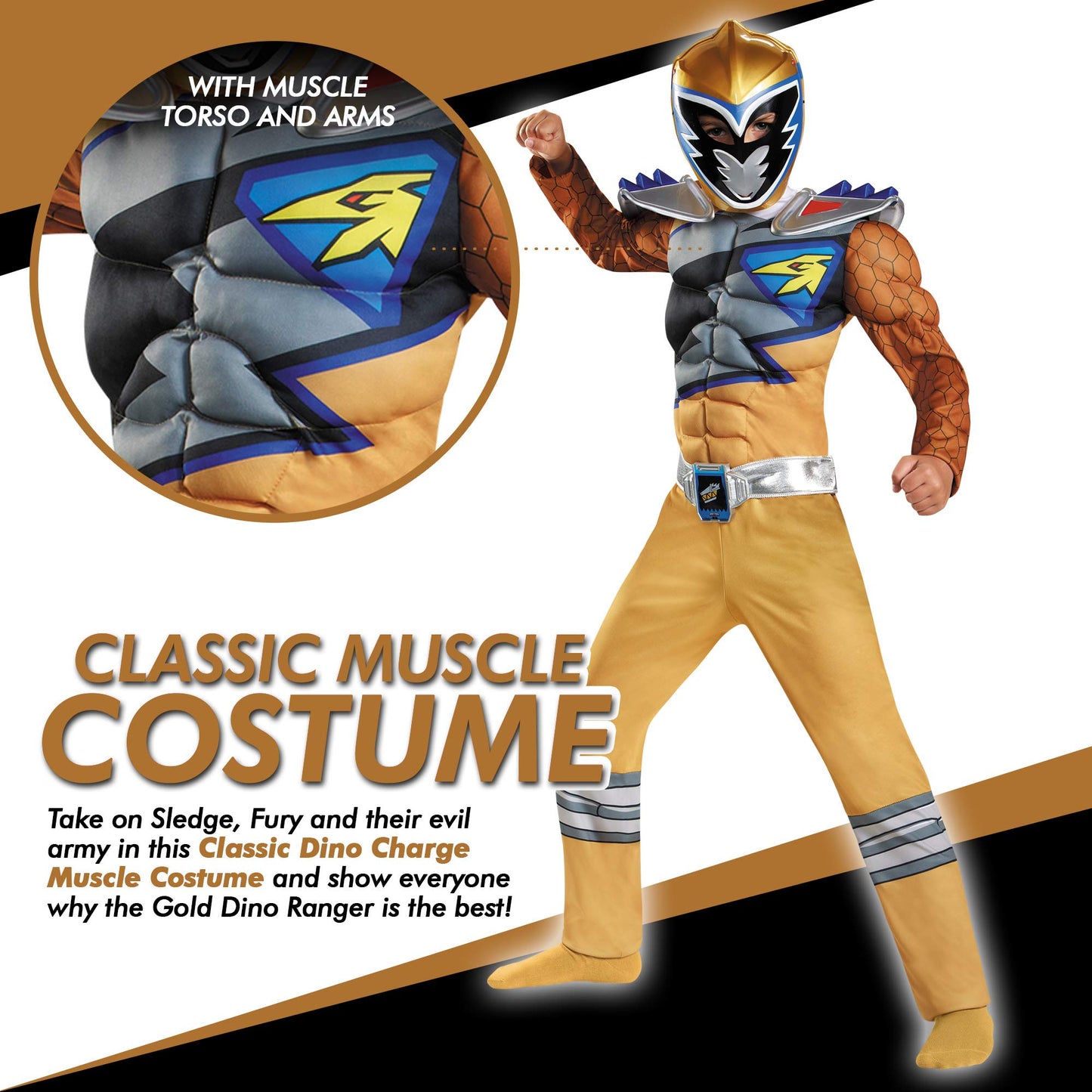 Disguise Gold Power Rangers Dino Charge Classic Muscle Costume – Small (4-6) with Mask