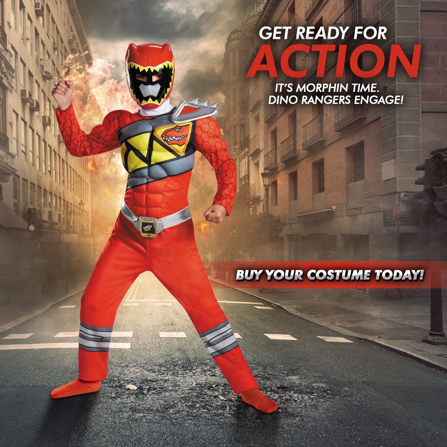 Disguise Red Power Rangers Costume for Kids – Licensed Dino Charge Red Ranger Muscle Suit with Mask (Medium 7-8)