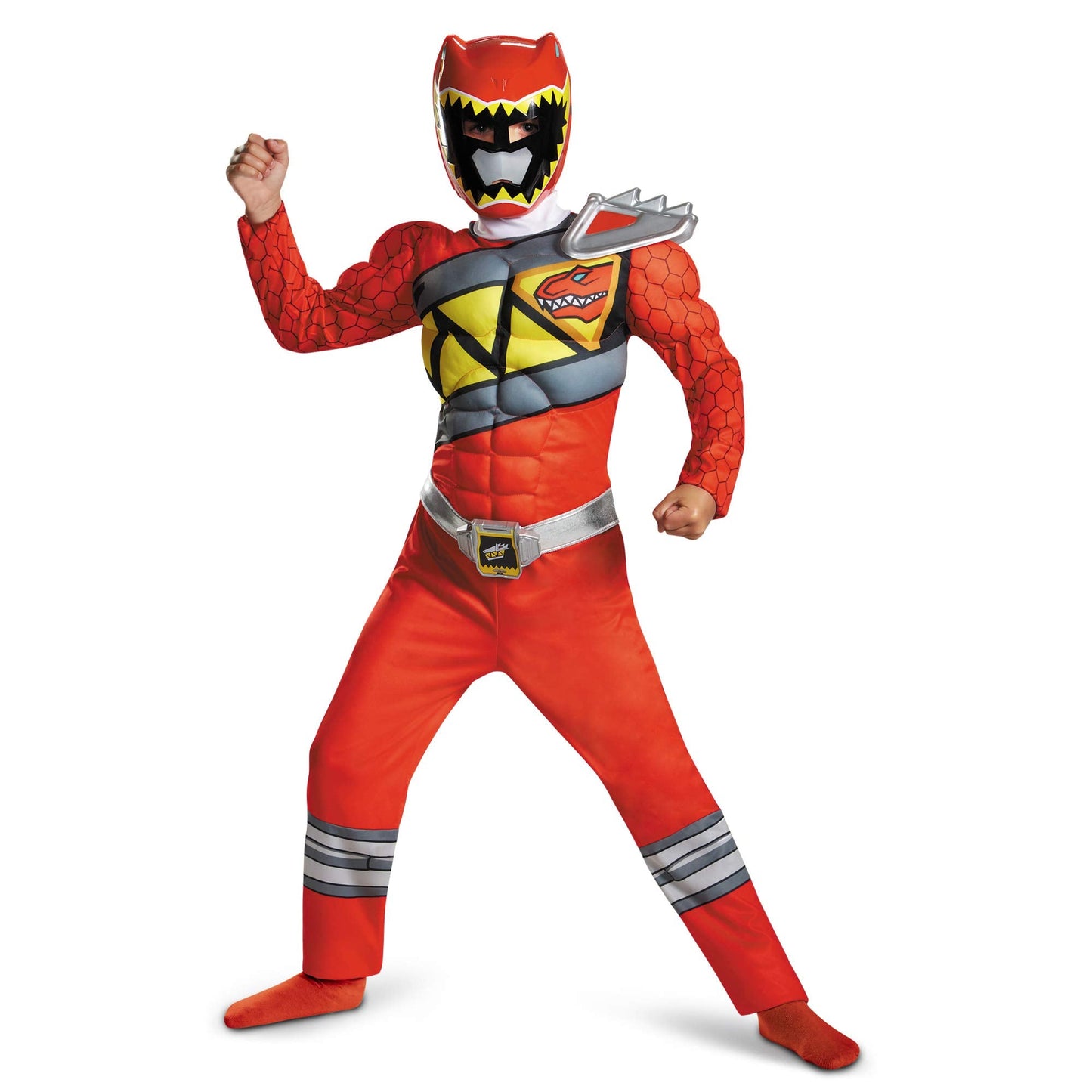 Disguise Red Power Rangers Costume for Kids – Licensed Dino Charge Red Ranger Muscle Suit with Mask (Medium 7-8)