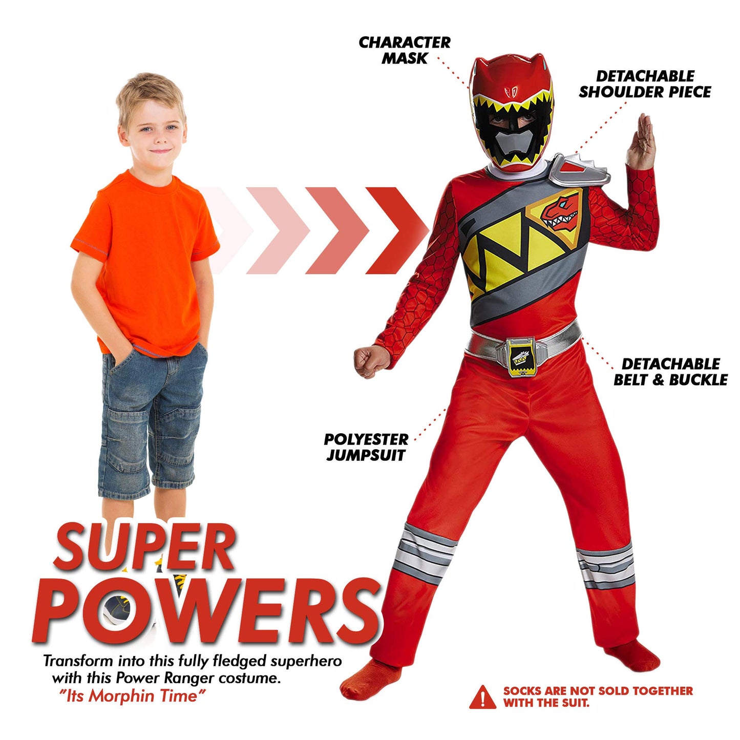 Disguise Red Power Rangers Costume for Kids - Official Licensed Red Ranger Dino Charge Jumpsuit & Mask (Medium 7-8)