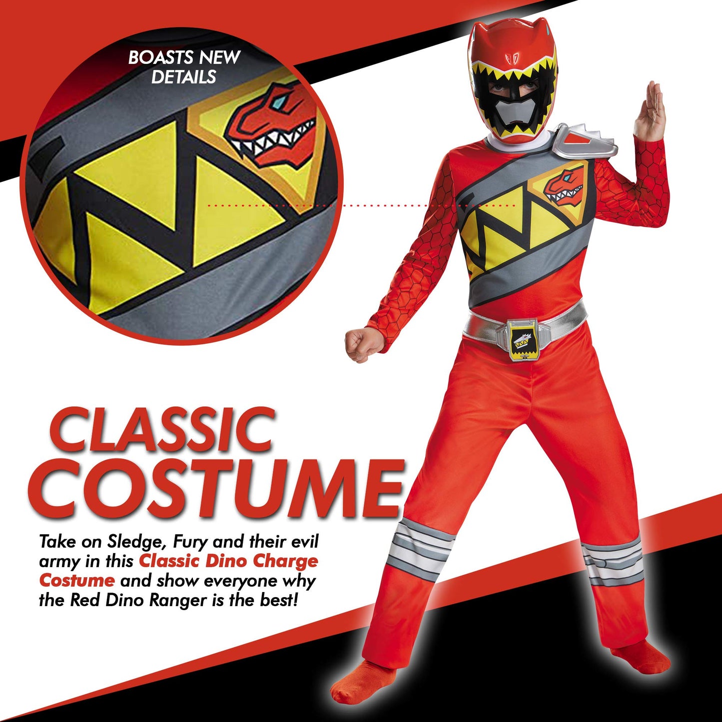 Disguise Red Power Rangers Costume for Kids - Official Licensed Red Ranger Dino Charge Jumpsuit & Mask (Medium 7-8)