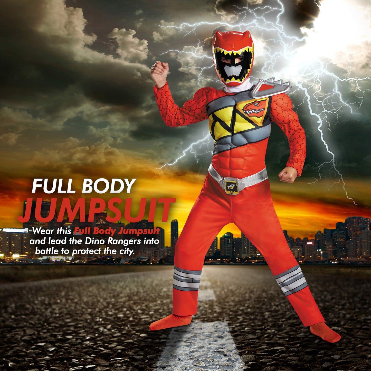 Disguise Red Power Rangers Costume for Kids – Licensed Dino Charge Red Ranger Muscle Suit with Mask (Medium 7-8)
