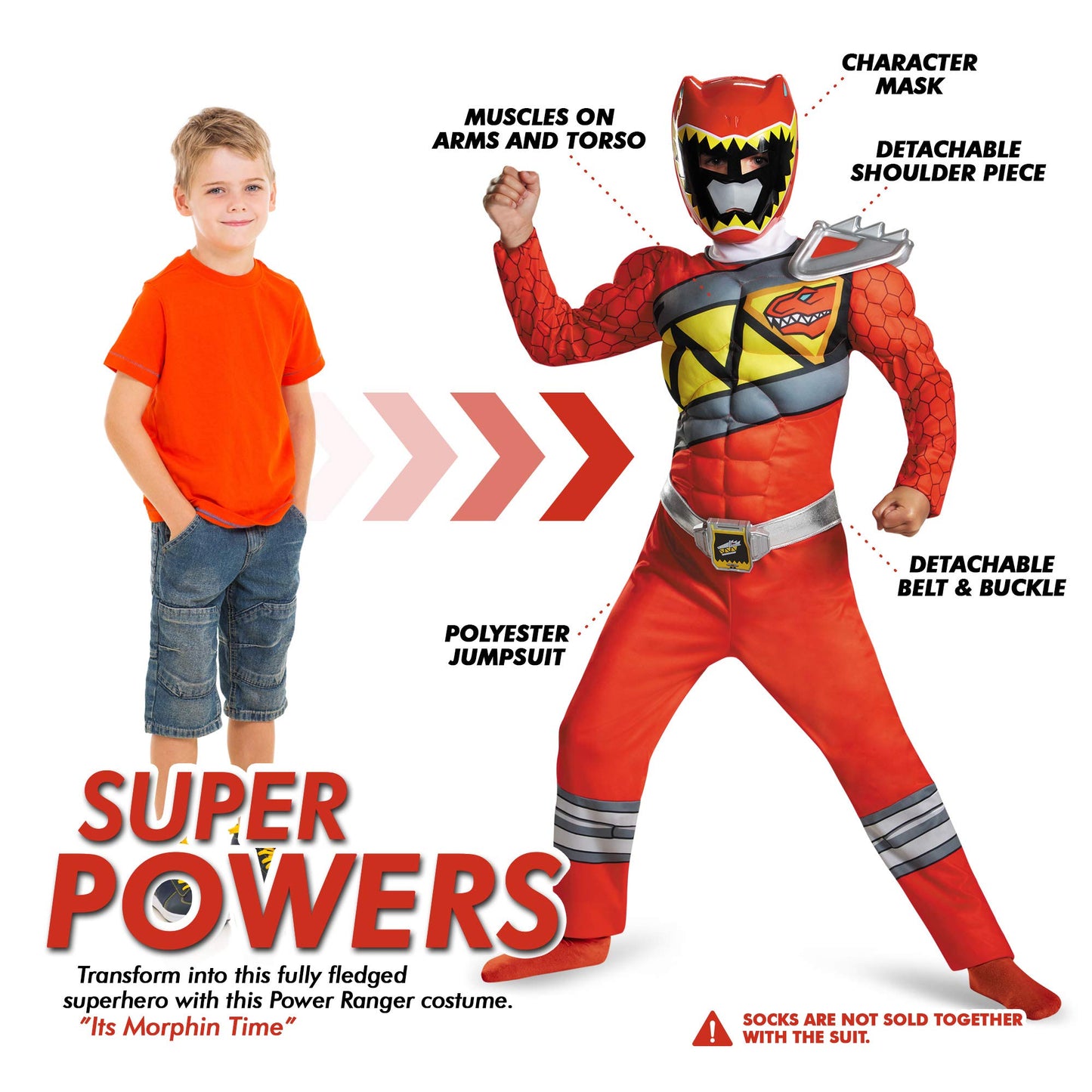Disguise Red Power Rangers Costume for Kids – Licensed Dino Charge Red Ranger Muscle Suit with Mask (Medium 7-8)