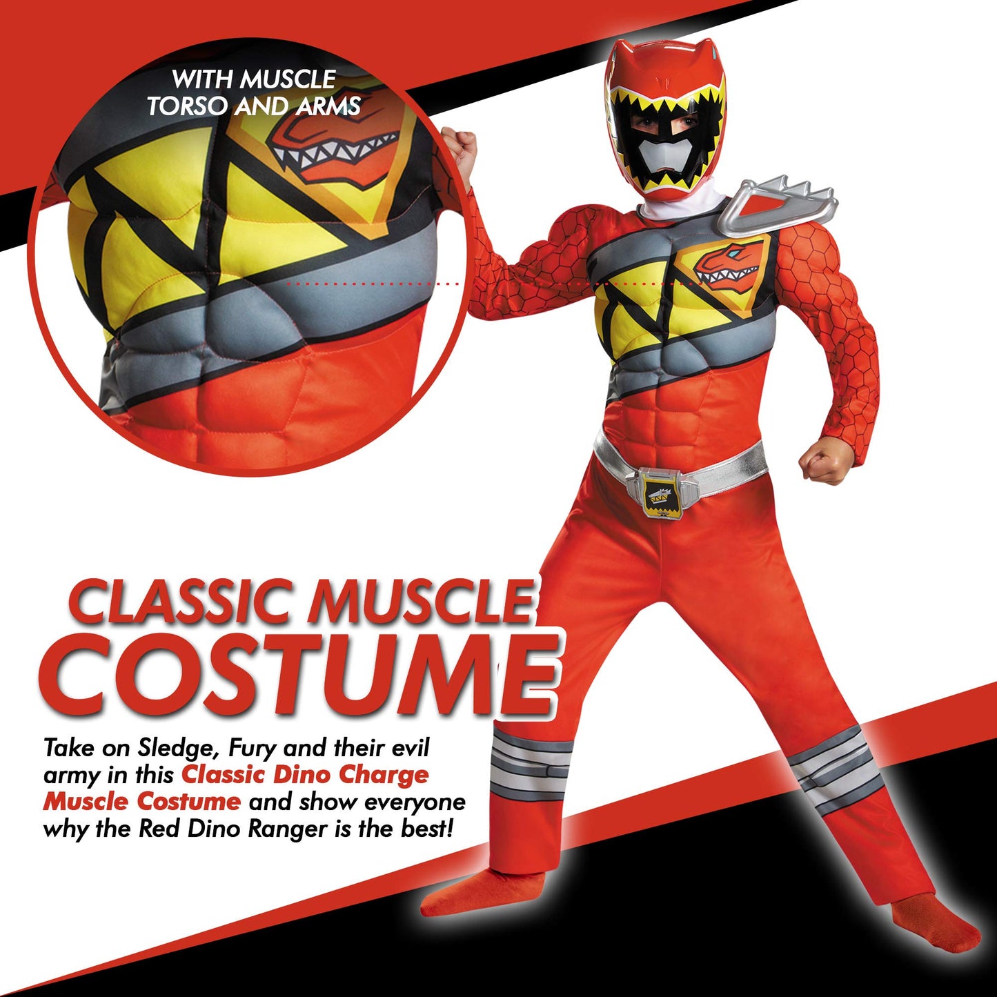 Disguise Red Power Rangers Costume for Kids – Licensed Dino Charge Red Ranger Muscle Suit with Mask (Medium 7-8)
