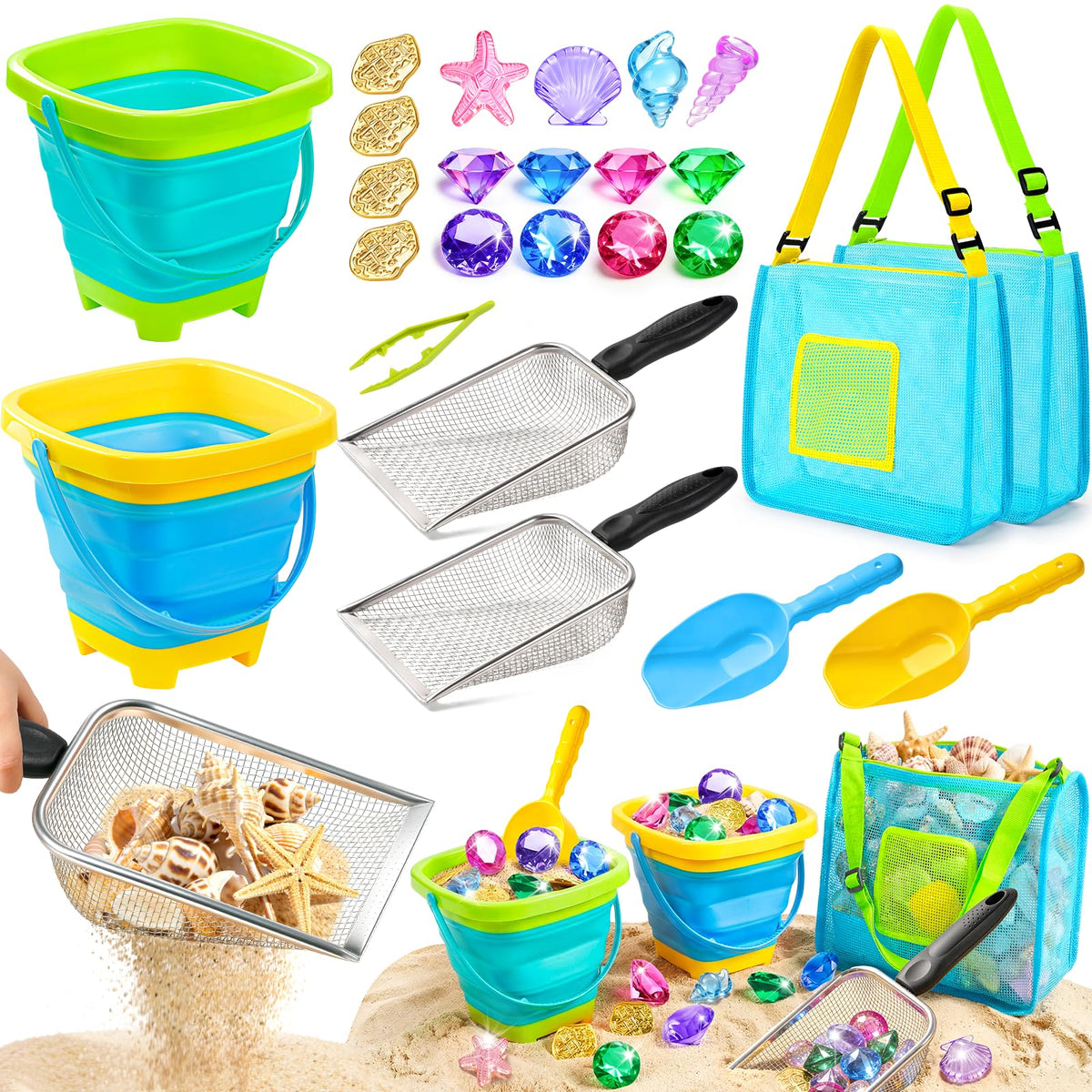 DISHIO Beach Toys 25-Piece Metal Sand Sifter & Collapsible Buckets Set – Outdoor Sand Toys for Kids (Ages 3-10)