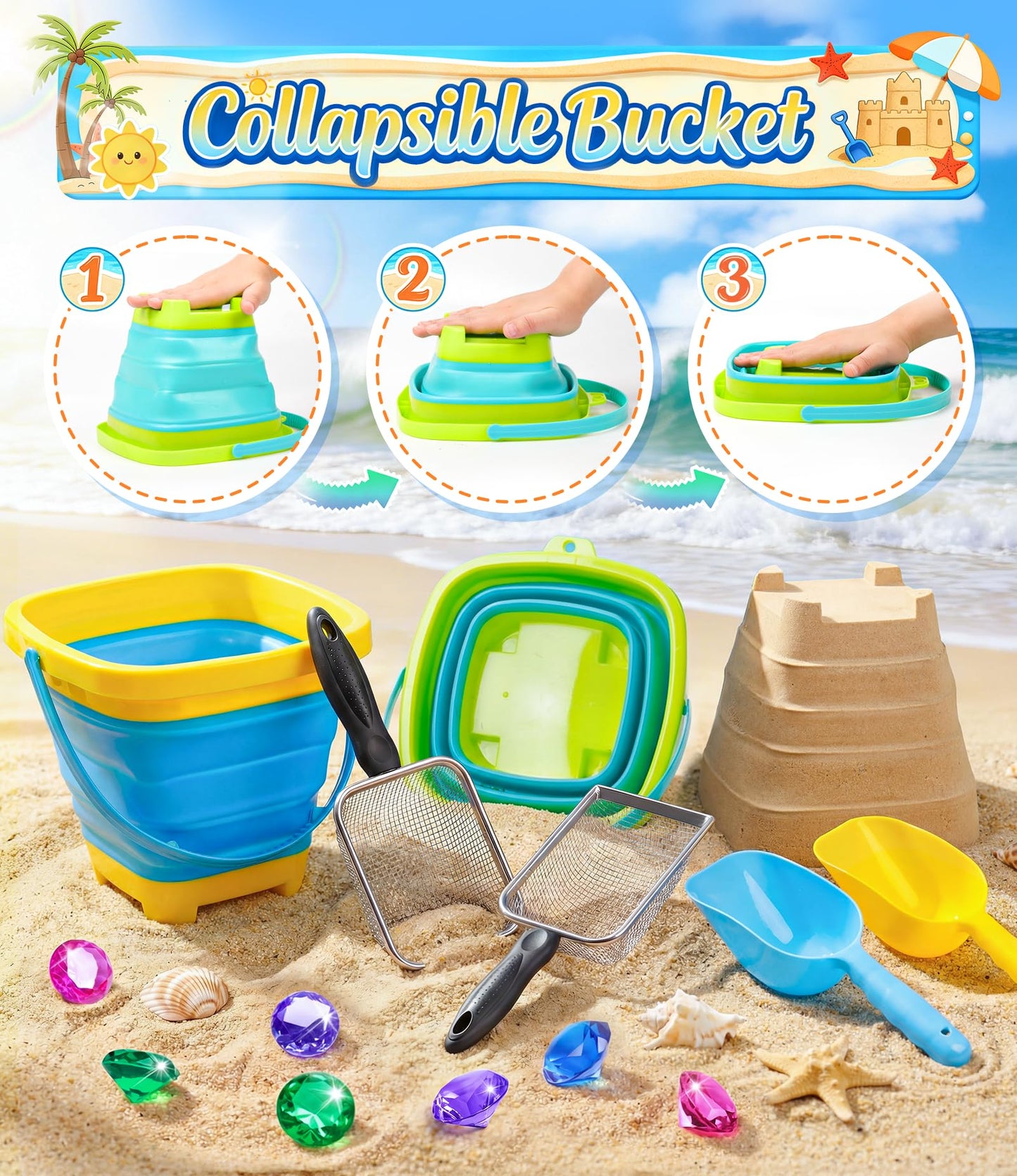 DISHIO Beach Toys 25-Piece Metal Sand Sifter & Collapsible Buckets Set – Outdoor Sand Toys for Kids (Ages 3-10)