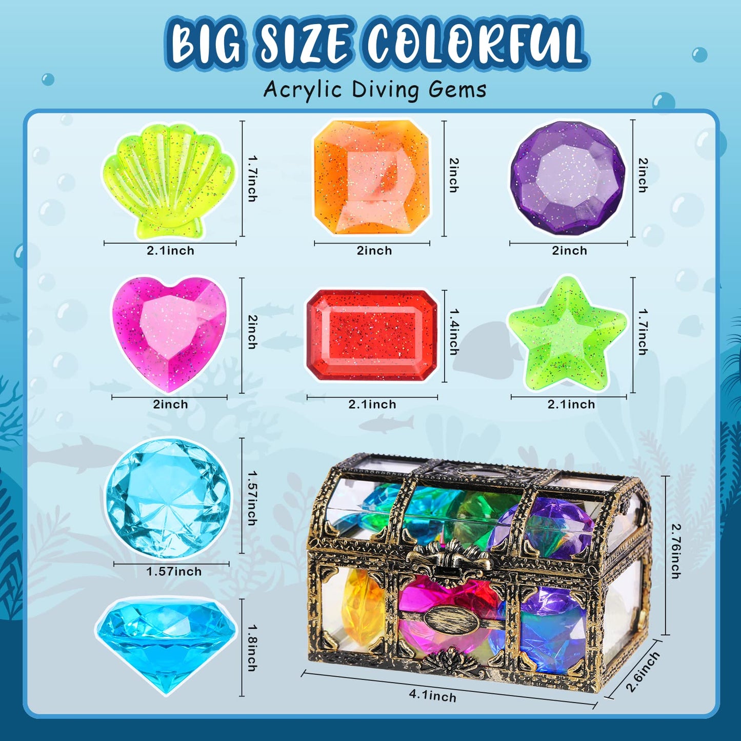 DISHIO Diving Gem Pool Toys 16PCS – Colorful Treasure Chest & Dive Gems for Kids
