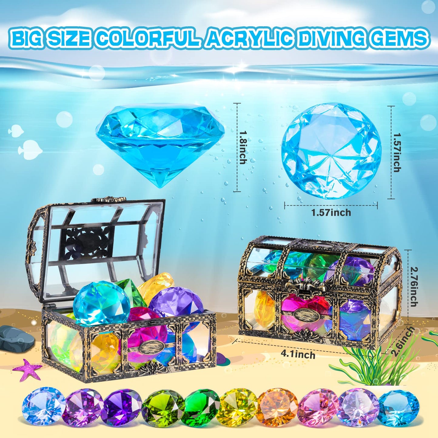 DISHIO Diving Gem Pool Toy – 10-piece Colorful Diamond Gems with Treasure Chest