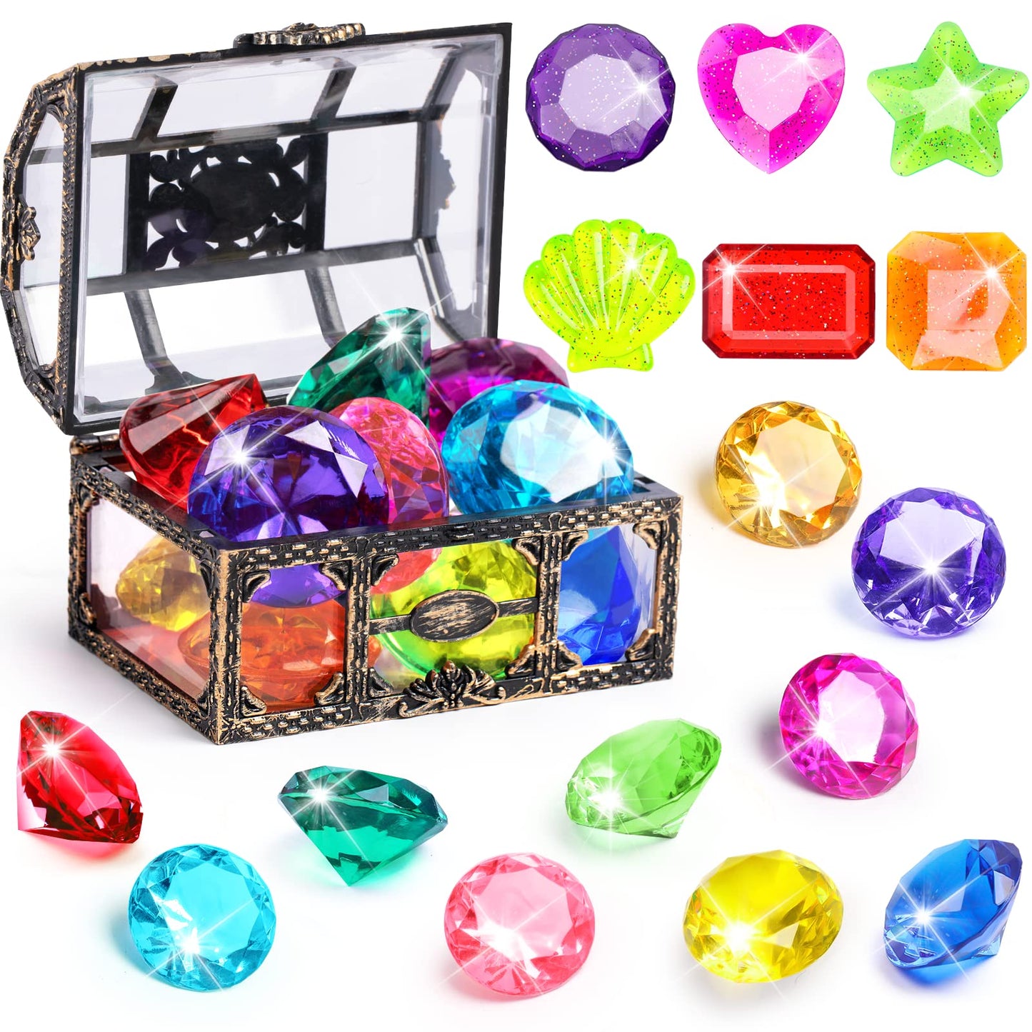DISHIO Diving Gem Pool Toys 16PCS – Colorful Treasure Chest & Dive Gems for Kids